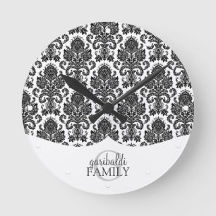 Modern Damask Black and White Family Personalised Round Clock