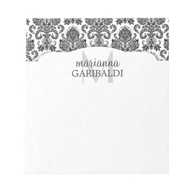 Modern Damask Black and White Personalised Notepad (Front)