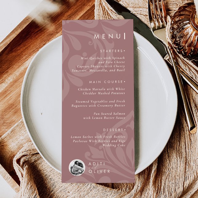Modern Damask Chic Pink Typography Photo Wedding Menu (Creator Uploaded)