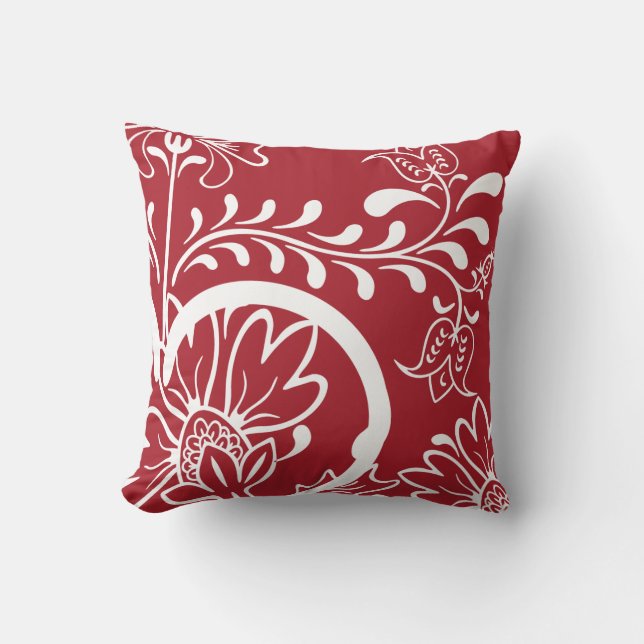 Modern Damask Floral Pattern | Red White Cushion (Front)