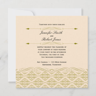 Modern Damask in Ivory and Gold Wedding Invitation
