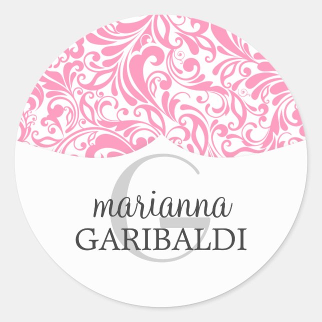 Modern Damask Pink Personalised Classic Round Sticker (Front)