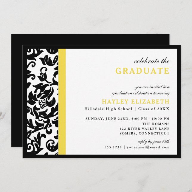 Modern Damask Yellow Border Graduation Invitation (Front/Back)