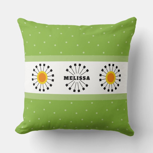 Modern Dandelion Green Yellow Monogram Name Cushion (Front)
