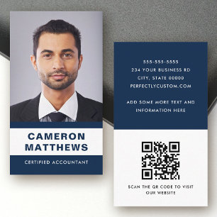 Modern dark blue and white add photo QR code Business Card