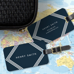Modern Dark Blue and White Borders Geometric Luggage Tag