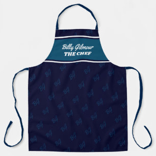 modern dark-blue apron with chef name