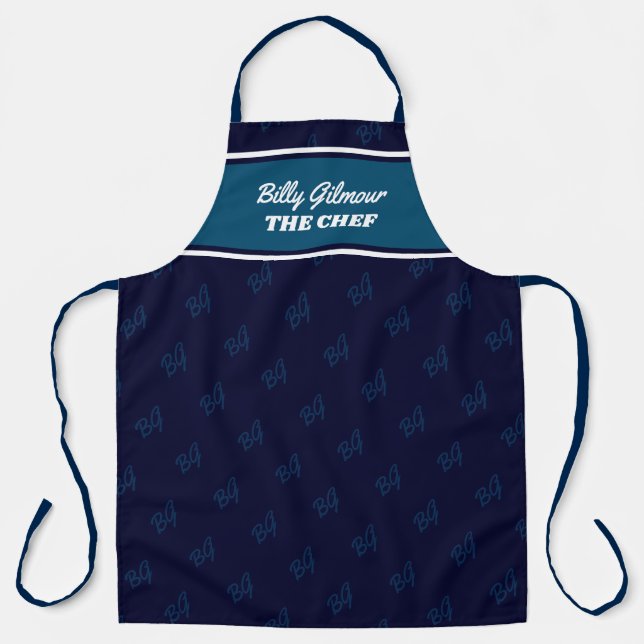 modern dark-blue apron with chef name (Front)