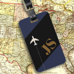 Modern dark-blue black monogram luggage tag<br><div class="desc">Dark-blue and black background with an aeroplane and initials (monogram). A luggage tag with a name is important for several practical reasons when travelling. Firstly, it serves as a quick and easy way to identify your luggage among the sea of similar bags at airports, bus stations, or other transportation hubs....</div>