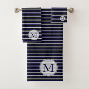 Modern Dark Blue Black Stripes Monogrammed Bath Towel Set