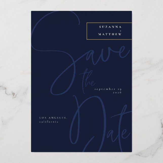 Modern Dark Blue Calligraphy Save the Date Wedding (Front)