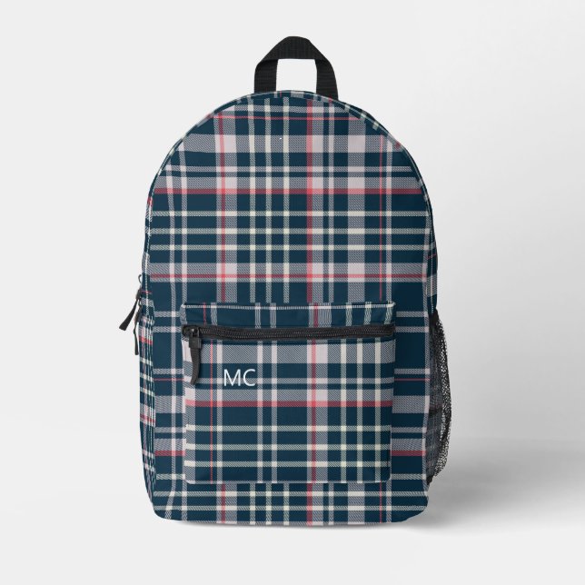 Modern Dark Blue Check Plaid Monogram Initials Printed Backpack (Front)