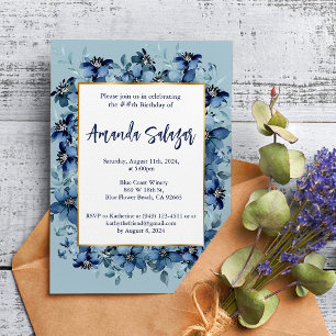 Modern Dark Blue Floral Birthday Party Invitation