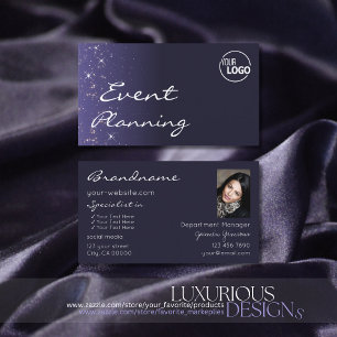 Modern Dark Blue Glitter Stars with Logo and Photo Business Card