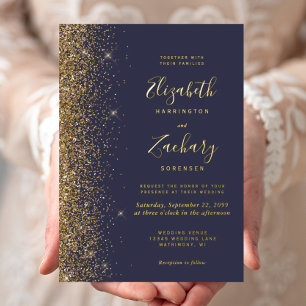 Modern Dark Blue Gold Faux Glitter Edge Wedding
