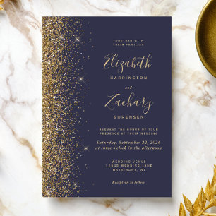 Modern Dark Blue Gold Faux Glitter Edge Wedding Invitation