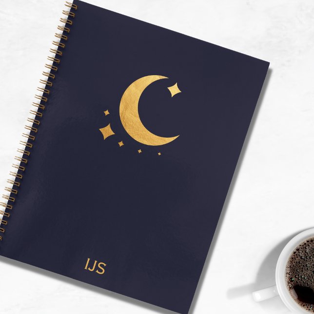 Modern Dark Blue Gold Foil Moon Stars Monogram  Notebook (Creator Uploaded)