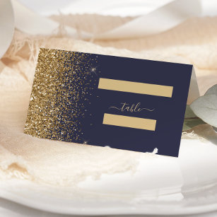 Modern Dark Blue Gold Glitter Edge Wedding Place Card