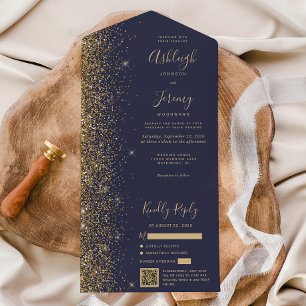 Modern Dark Blue Gold Glitter QR Code Wedding All In One Invitation