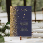 Modern Dark Blue Gold Glitter Wedding Table Number<br><div class="desc">The left-hand edge of this elegant modern wedding table number card features a gold faux glitter border. The word "table" appears in gold-coloured whimsical handwriting script on a dark blue background. Add the names of your guests who are assigned to each table.</div>