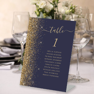 Modern Dark Blue Gold Glitter Wedding Table Number Pedestal Sign