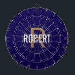 Modern dark blue gold monogram name dartboard<br><div class="desc">Modern dark blue dart board with a white name and gold monogram. Personalise with name and initial.</div>