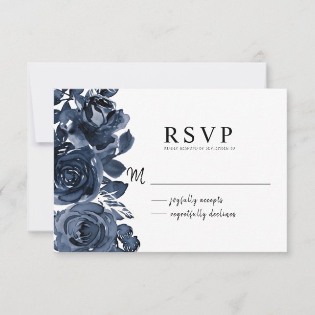 Modern Dark Blue Ink Floral Bouquet RSVP (Front)