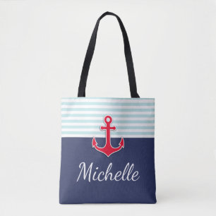 Modern Dark Blue Nautical Design Red Anchor Tote Bag