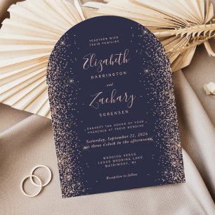 Modern Dark Blue Rose Gold Glitter Arch Wedding Invitation