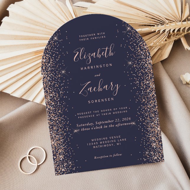 Modern Dark Blue Rose Gold Glitter Arch Wedding Invitation (Creator Uploaded)