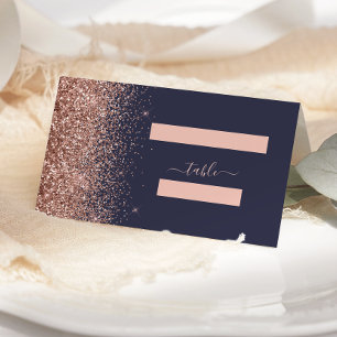 Modern Dark Blue Rose Gold Glitter Edge Wedding Place Card