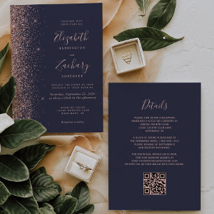 Modern Dark Blue Rose Gold Glitter QR Code Wedding Invitation