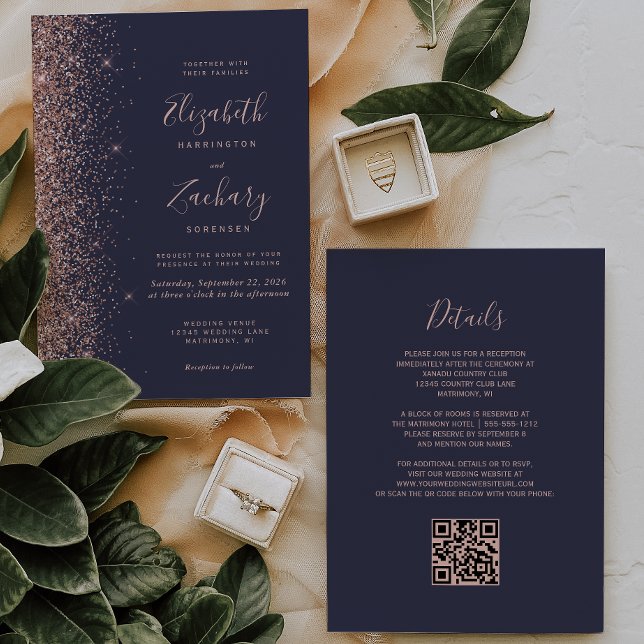 Modern Dark Blue Rose Gold Glitter QR Code Wedding Invitation (Creator Uploaded)