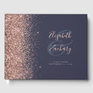 Modern Dark Blue Rose Gold Glitter Script Guest Book