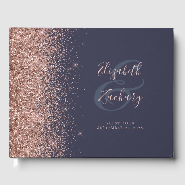 Modern Dark Blue Rose Gold Glitter Script Guest Book (Front)