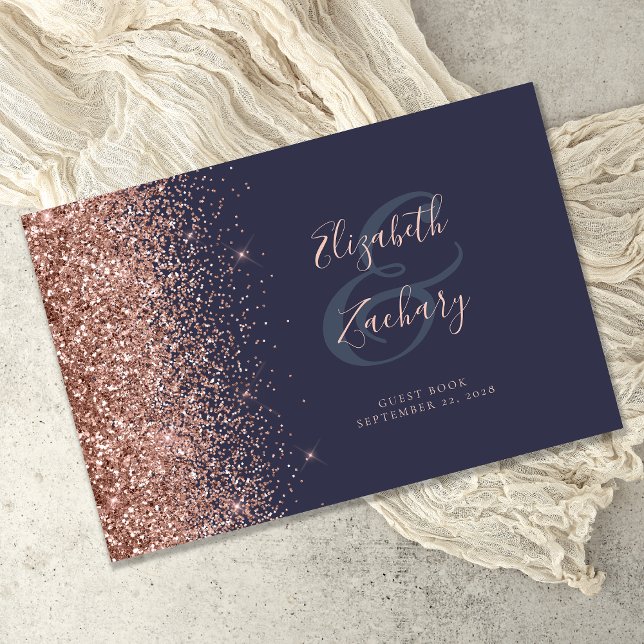 Modern Dark Blue Rose Gold Glitter Script Guest Book (Creator Uploaded)