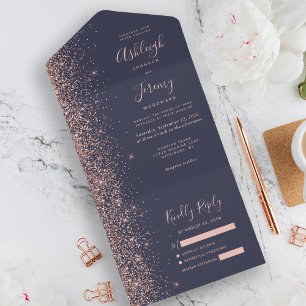 Modern Dark Blue Rose Gold Glitter Wedding All In One Invitation