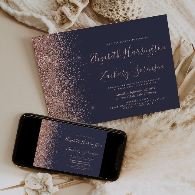 Modern Dark Blue Rose Gold Glitter Wedding Invitation (Creator Uploaded)