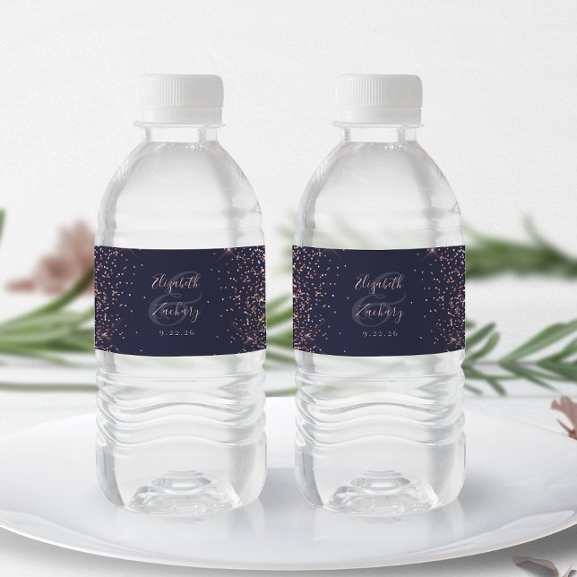Modern Dark Blue Rose Gold Glitter Wedding Water Bottle Label (Creator Uploaded)