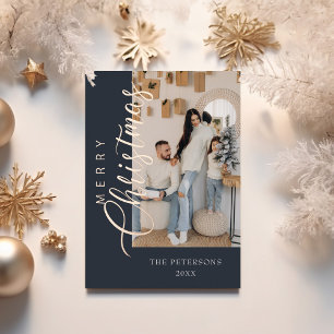 Modern Dark Blue Rose Gold Photo Christmas Foil Holiday Card