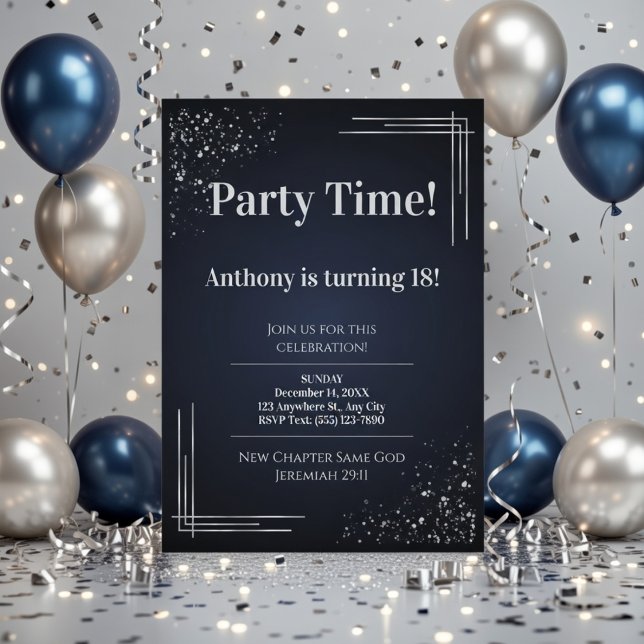 Modern Dark Blue & Silver 18th Birthday Invitation (Creator Uploaded)