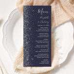 Modern Dark Blue Silver Glitter Edge Wedding Menu<br><div class="desc">The left-hand edge of this elegant modern wedding menu features a silver faux glitter design. The customisable text combines silver grey handwriting,  copperplate and italic fonts on a dark navy blue background. The reverse side features a matching dark blue and silver glitter design.</div>
