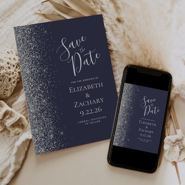 Modern Dark Blue Silver Glitter Save the Date Announcement (Creator Uploaded)