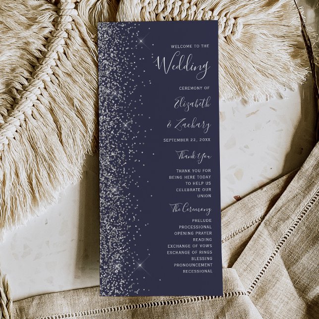 Modern Dark Blue Silver Glitter Wedding Program (Creator Uploaded)