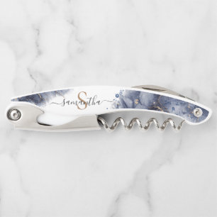 Modern Dark Blue Watercolor Gold Monogram Corkscrew