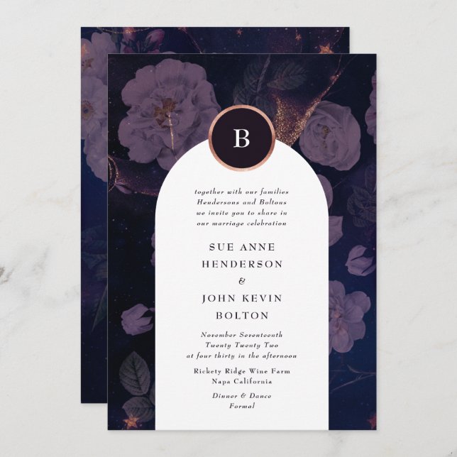 Modern Dark Boho Floral Arch Rose Gold Wedding Invitation (Front/Back)