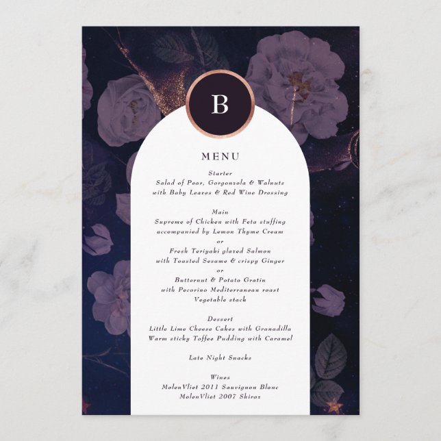 Modern Dark Boho Floral Arch Rose Gold Wedding Menu (Front)