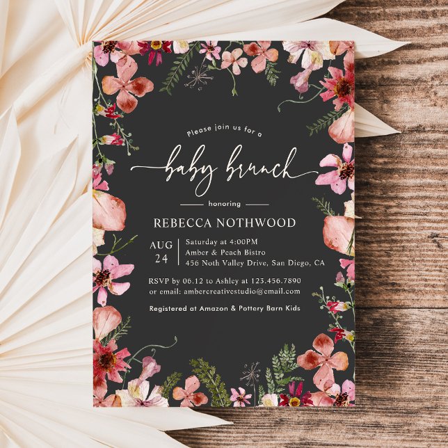 Modern Dark Boho Florals Greenery Baby Brunch Invitation (Creator Uploaded)