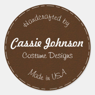 Modern Dark Brow Stitched Faux Leather Handcrafted Classic Round Sticker