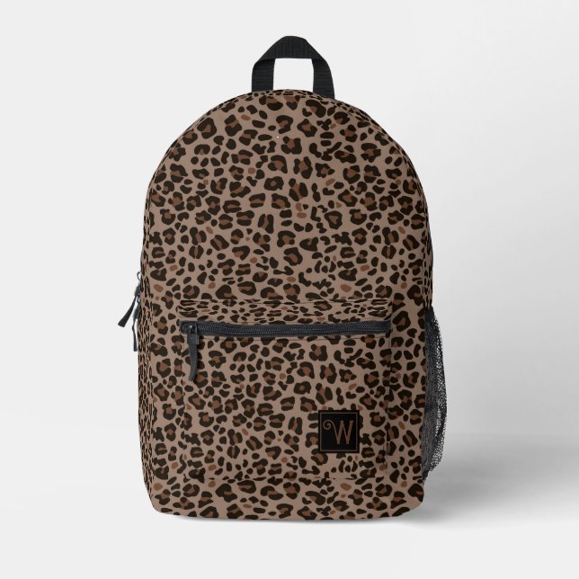 Modern Dark Brown Animal Leopard Skin Monogram  Printed Backpack (Front)